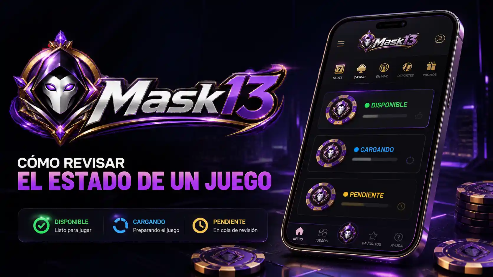 Pantalla móvil de Mask13 para comprobar el estado de un juego de casino