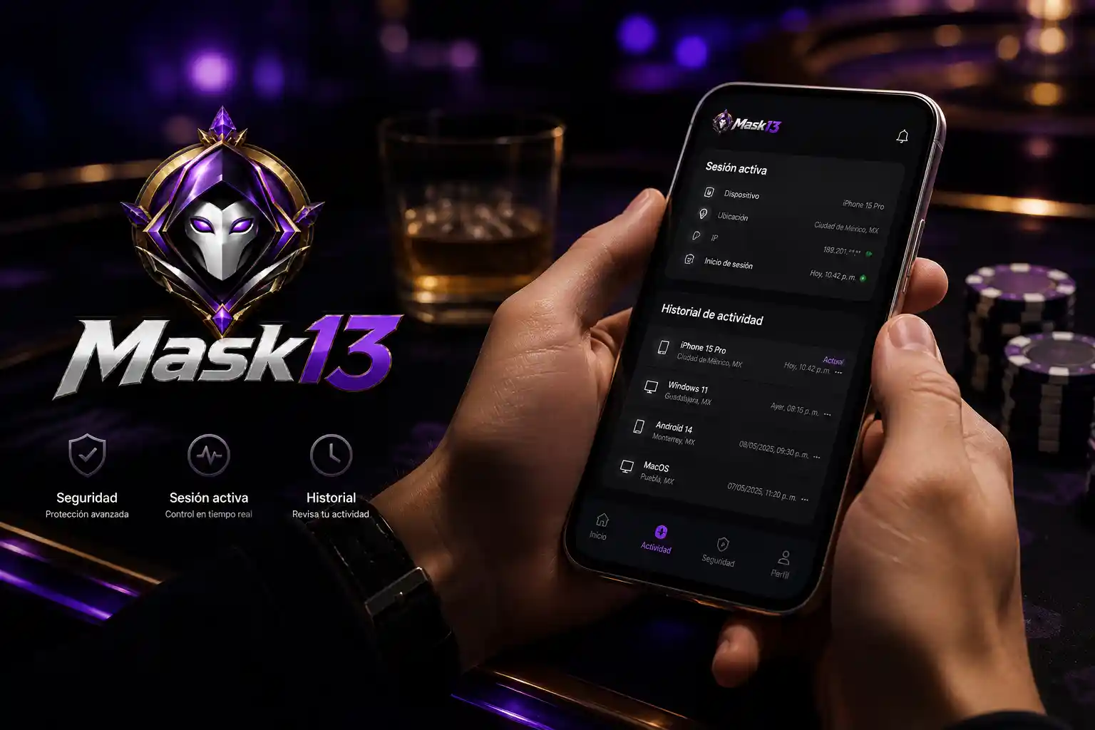 Interfaz móvil de Mask13 con historial y estado de una partida