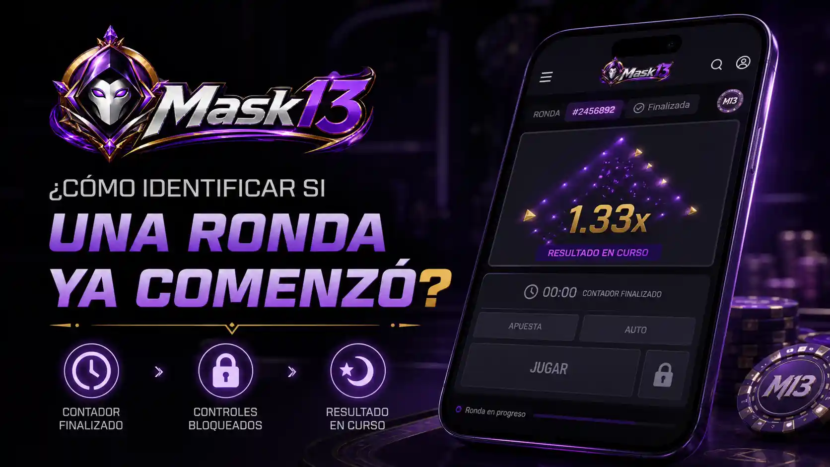 Interfaz móvil de Mask13 mostrando una ronda de casino en curso