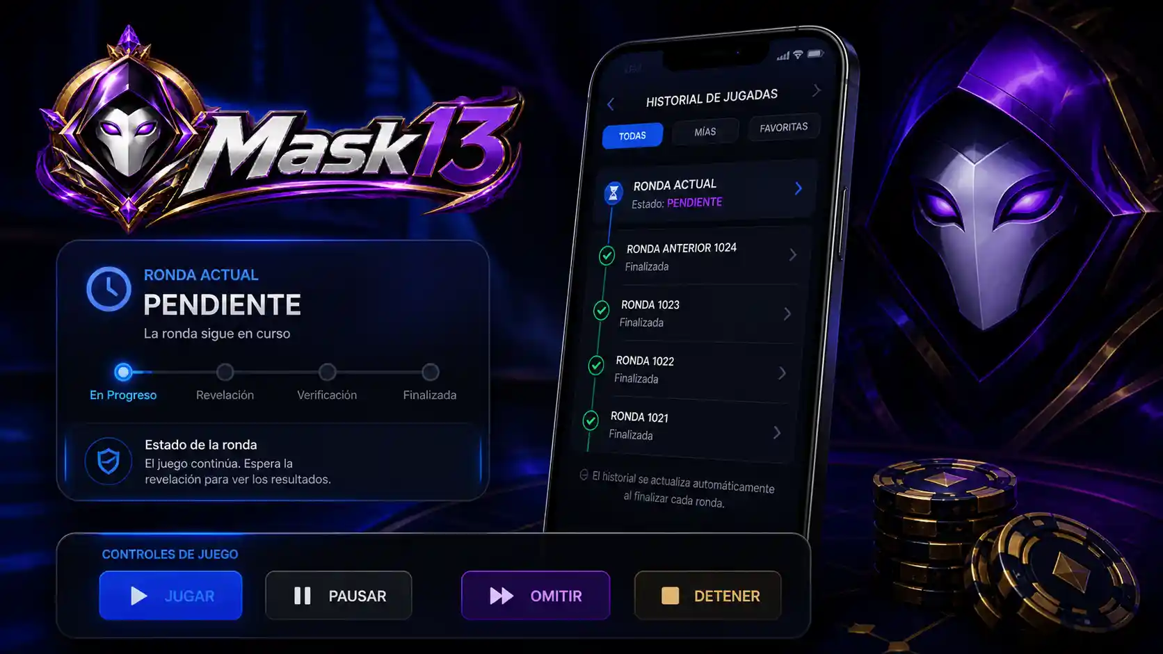 Pantalla de Mask13 para revisar el estado y el historial de una ronda