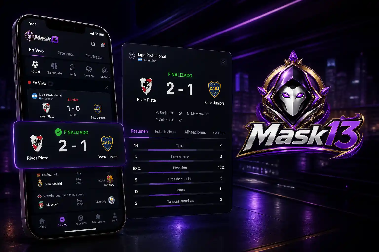 Pantalla móvil de Mask13 mostrando una partida con estado finalizado