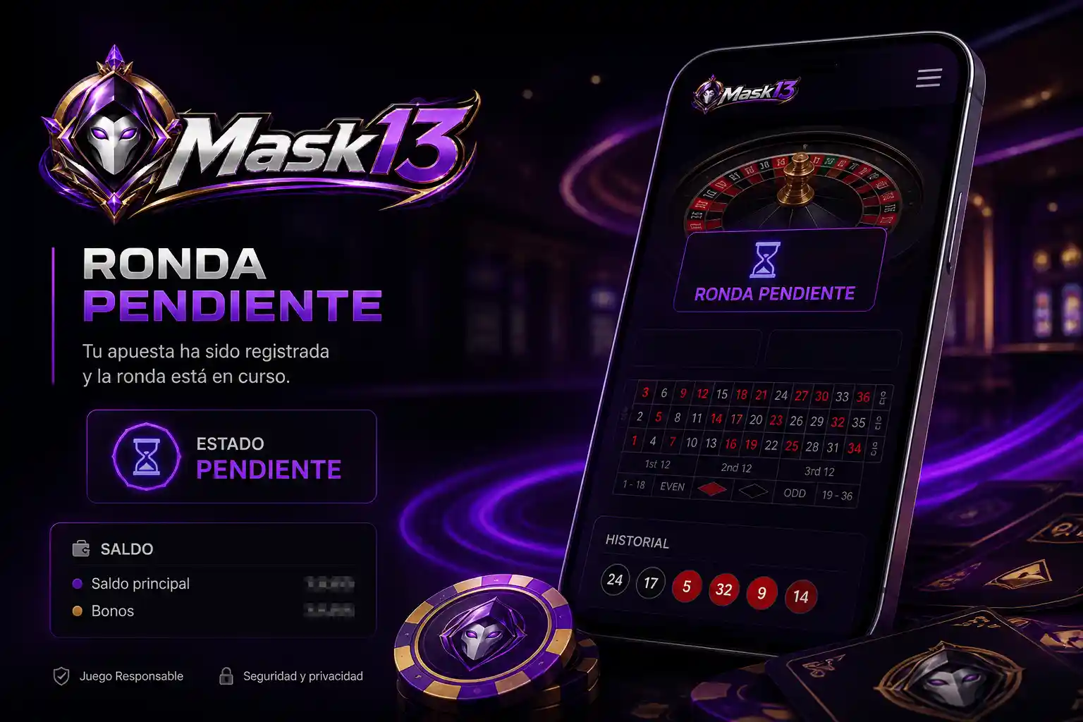 Pantalla móvil de Mask13 con una ronda de casino marcada como pendiente