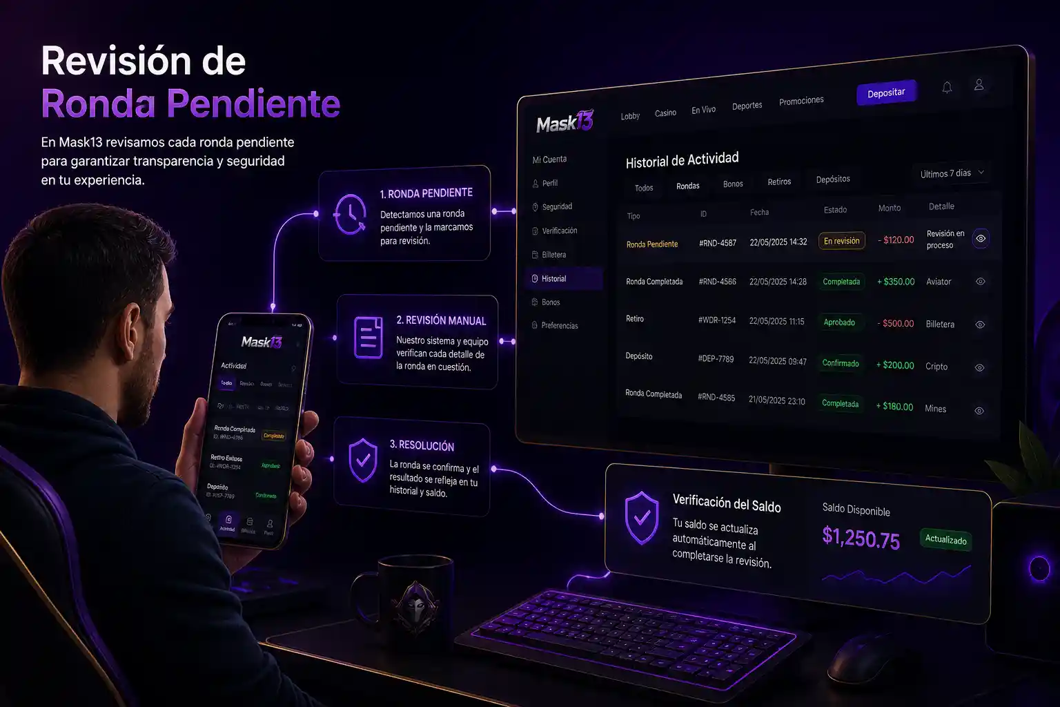 Revisión del historial y saldo de una ronda pendiente en Mask13