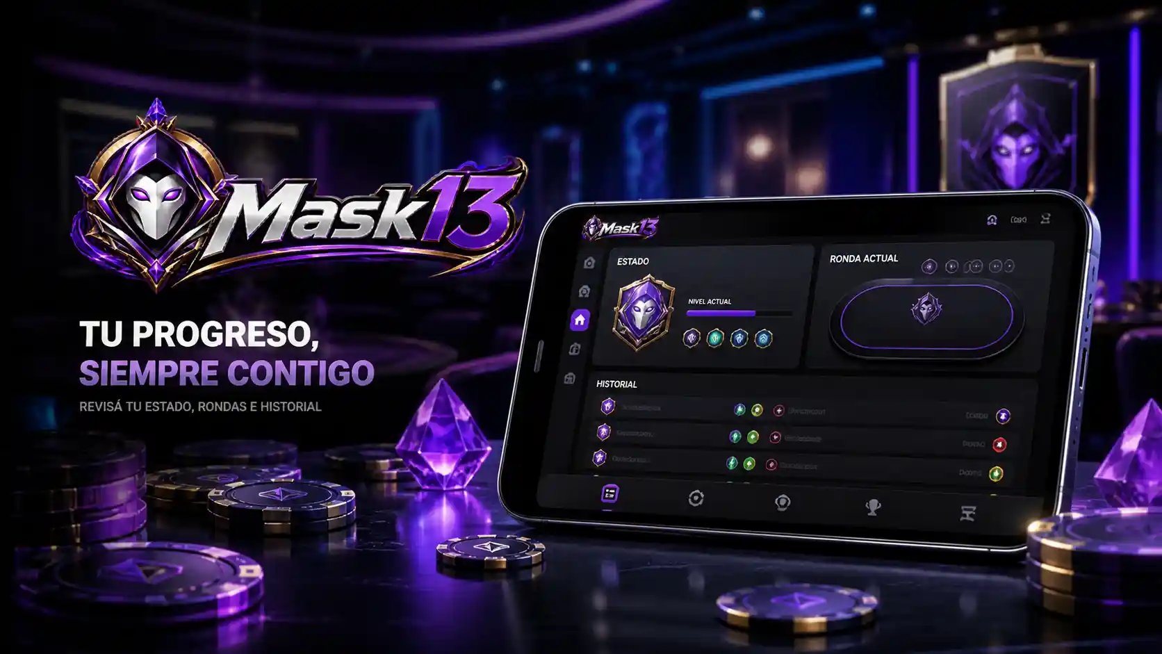 Pantalla móvil de Mask13 mostrando el estado y progreso de un juego