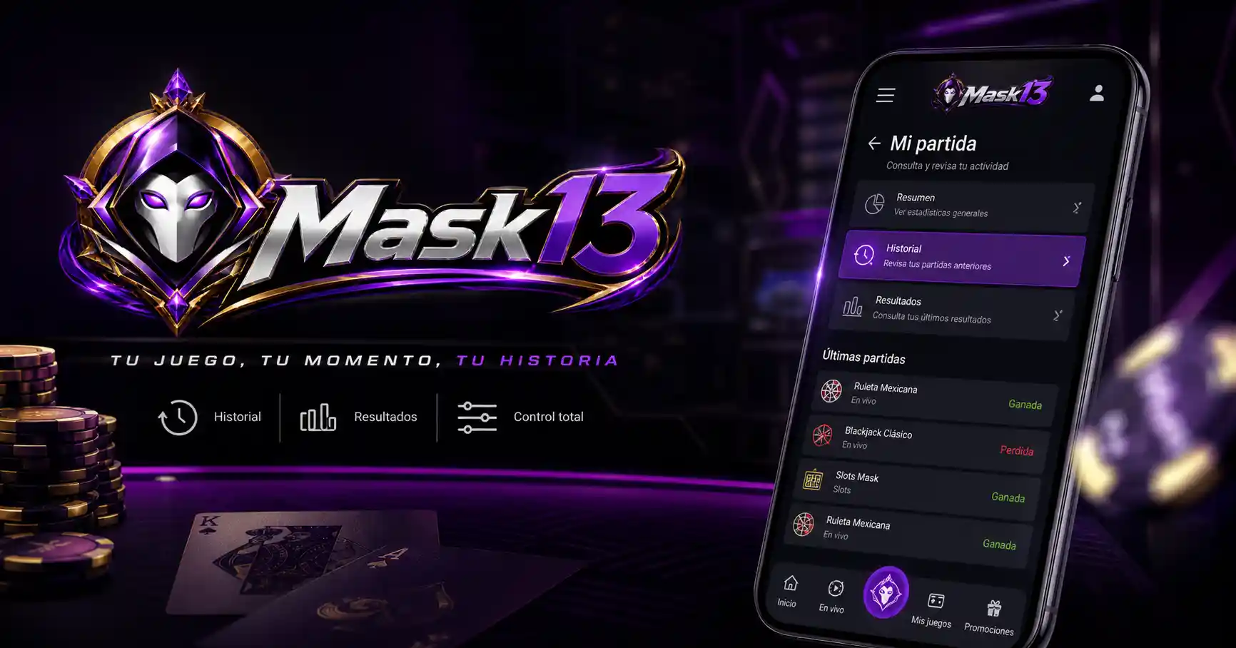 Menú de información e historial de una partida en Mask13 desde celular