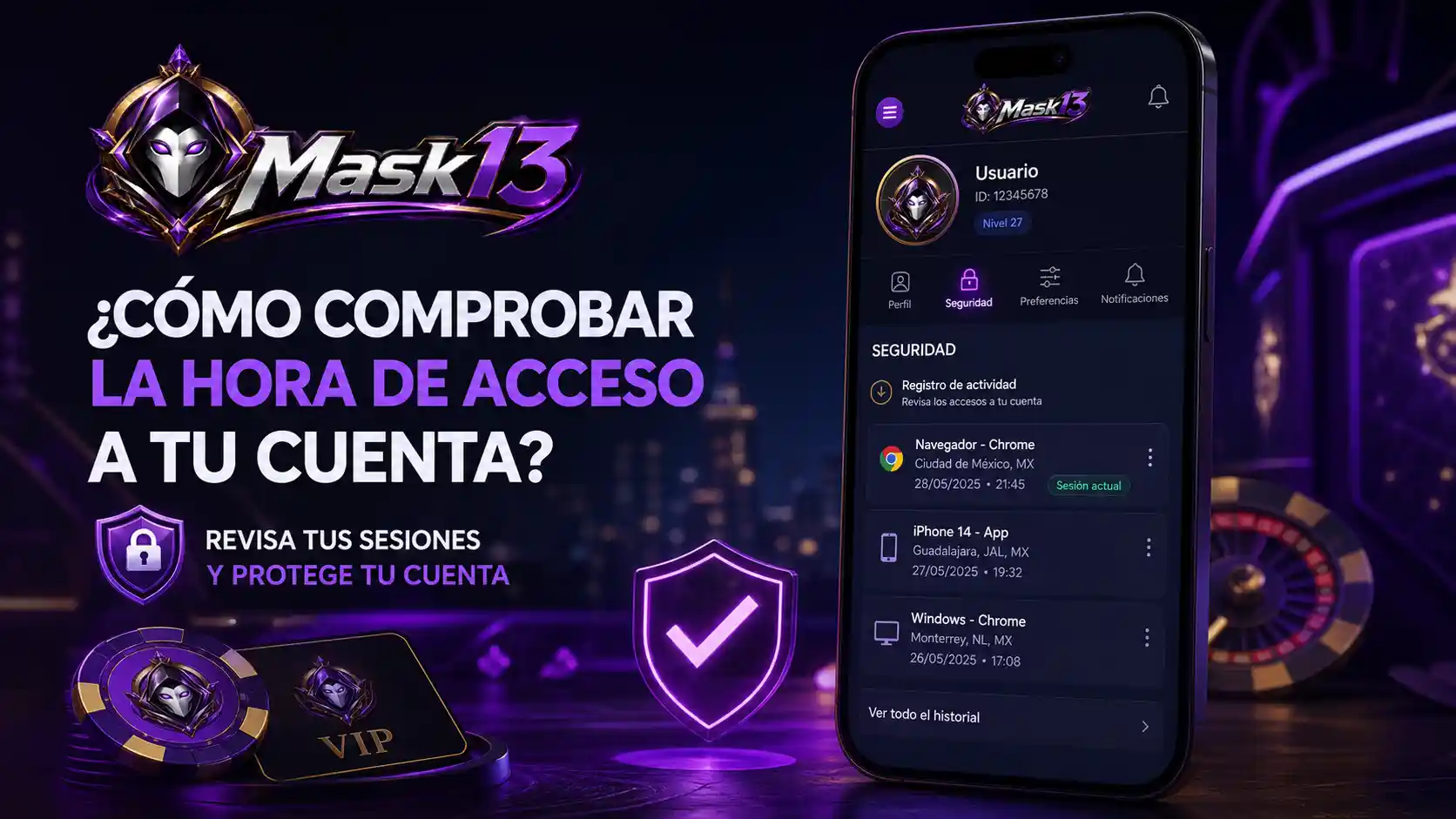 Pantalla móvil de Mask13 con actividad y hora de acceso de una cuenta