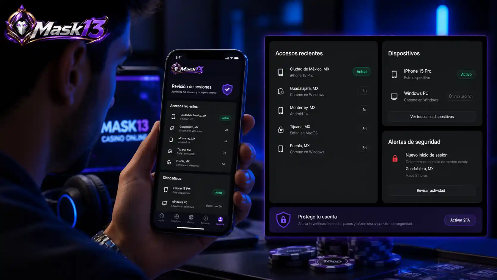 Revisión de sesiones y dispositivos conectados en una cuenta de Mask13
