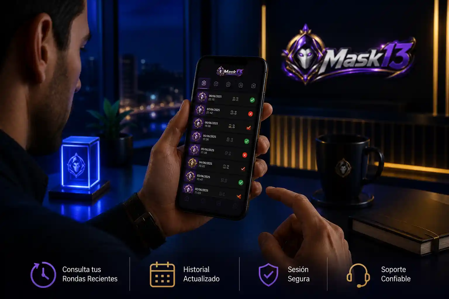 Historial de rondas recientes de Mask13 mostrado en un teléfono