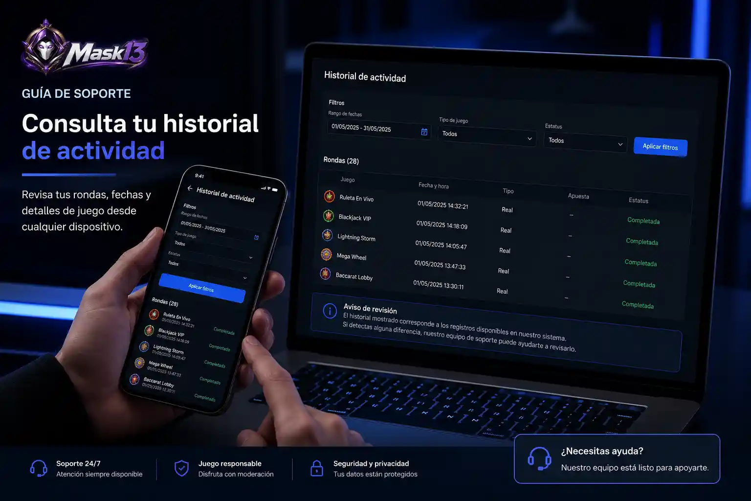 Revisión de actividad y filtros del historial de Mask13