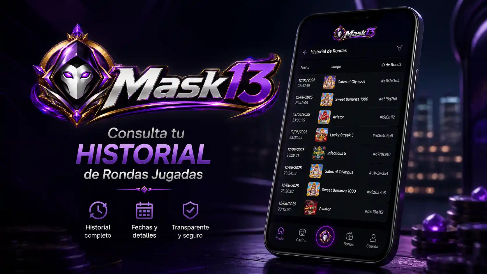 Historial de rondas jugadas de Mask13 mostrado en un teléfono