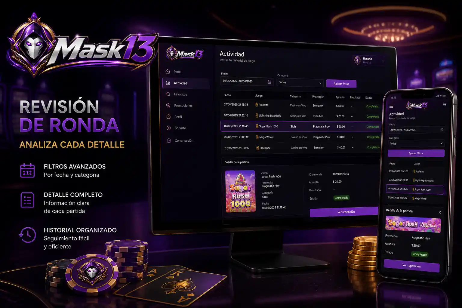 Filtros de fecha y detalle de una ronda de casino en Mask13